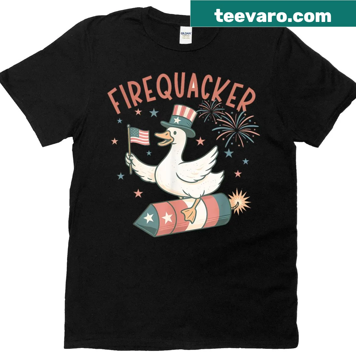 Cute goose wearing American flag design for Fourth of July — on a men's t-shirt
