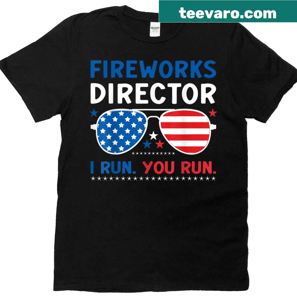 Fourth of July fireworks director t-shirt with sunglasses — on a men's t-shirt