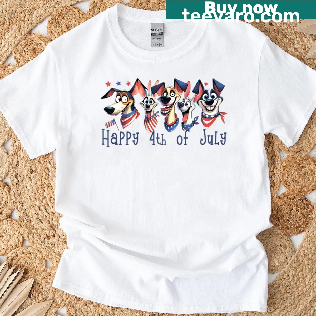 T-shirt with five funny cartoon dogs and the United States flag — on a men's t-shirt