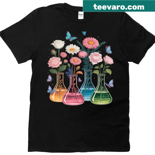 Floral beakers with birds and butterflies graphic on T-shirt
