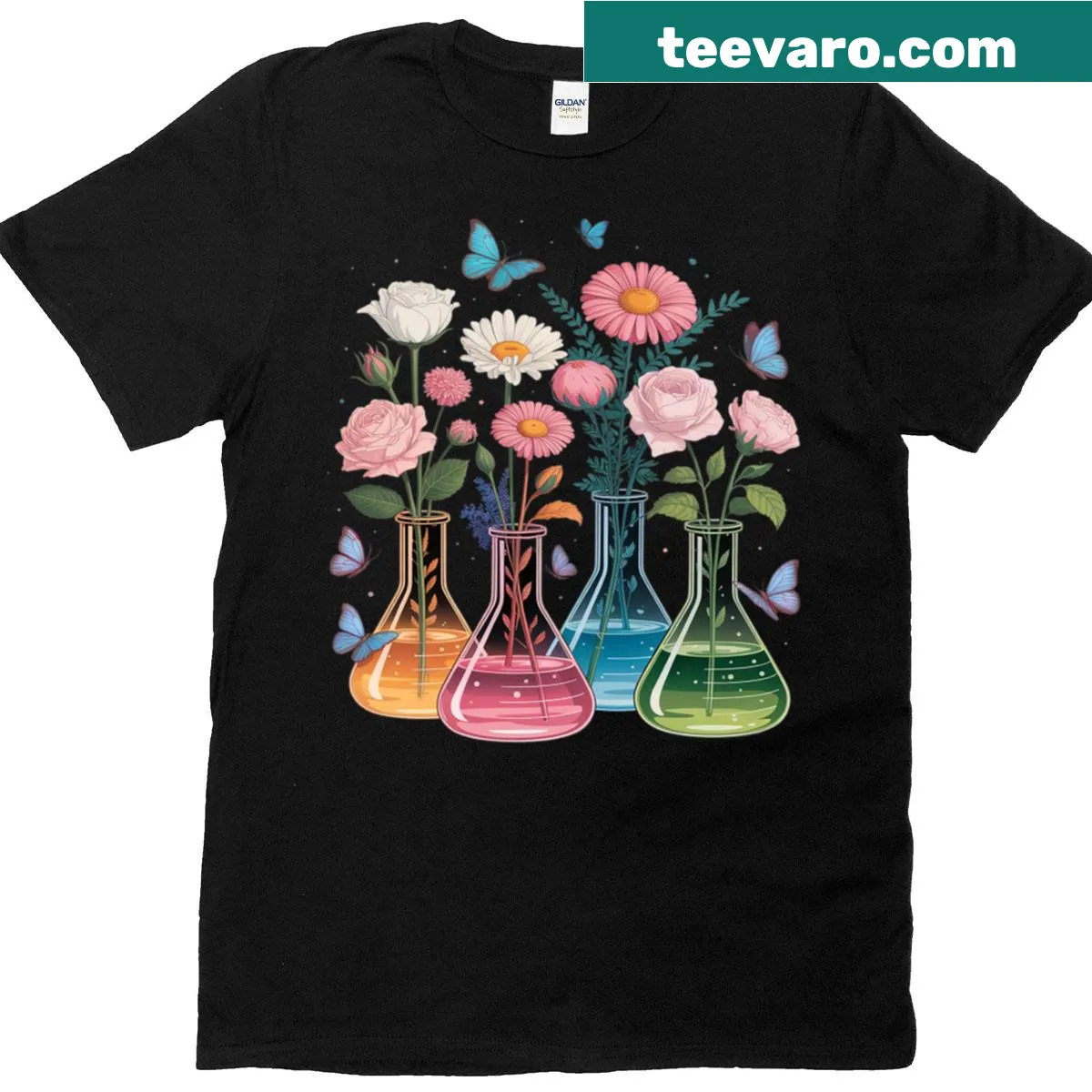 Floral beakers with birds and butterflies graphic on T-shirt — on a men's t-shirt