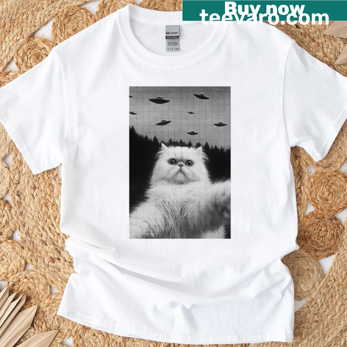 Cartoonish UFO selfie design on a fluffy character T-shirt — on a men's t-shirt