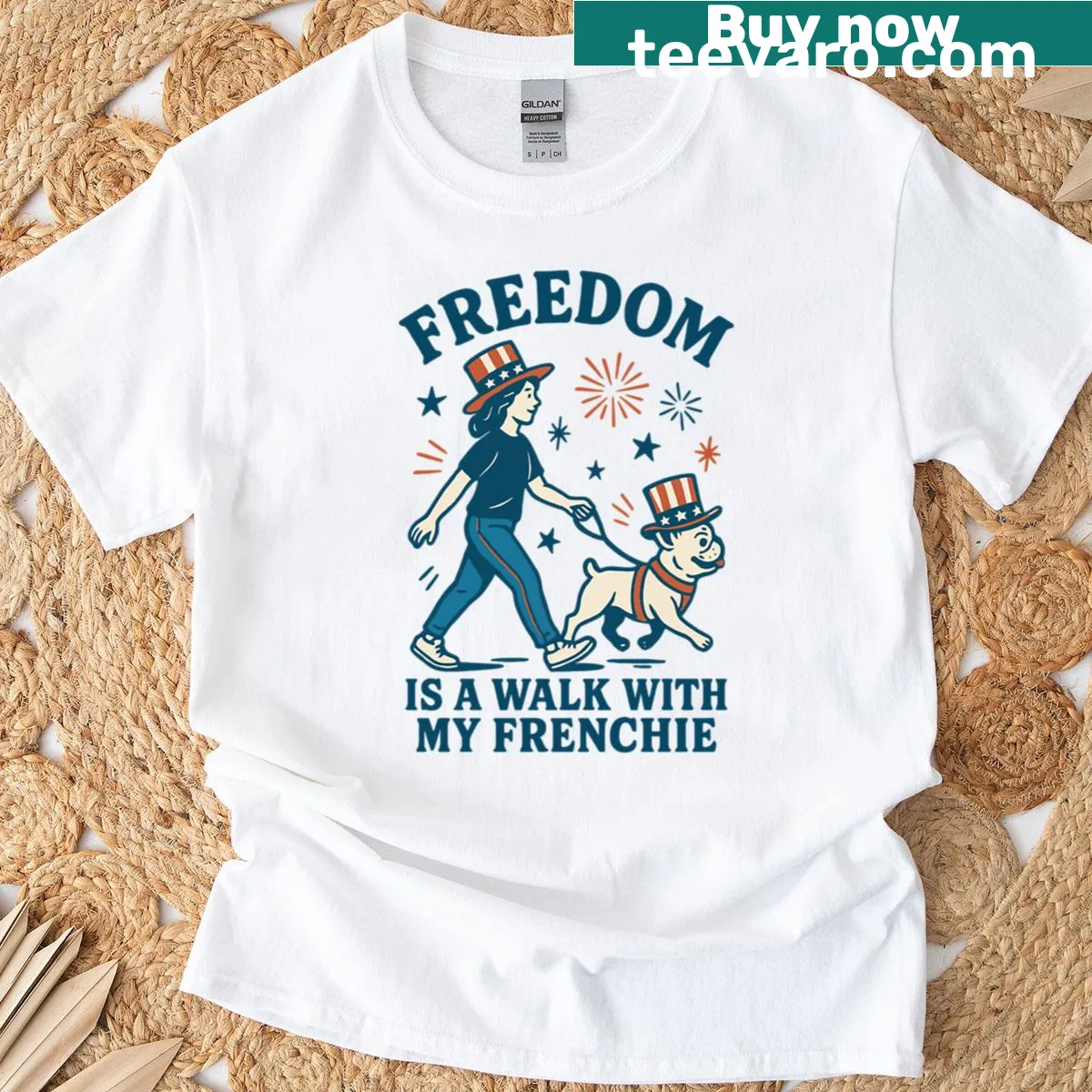 Patriotic t-shirt with 'Freedom Is A Walk With My Frenchie' text — on a men's t-shirt
