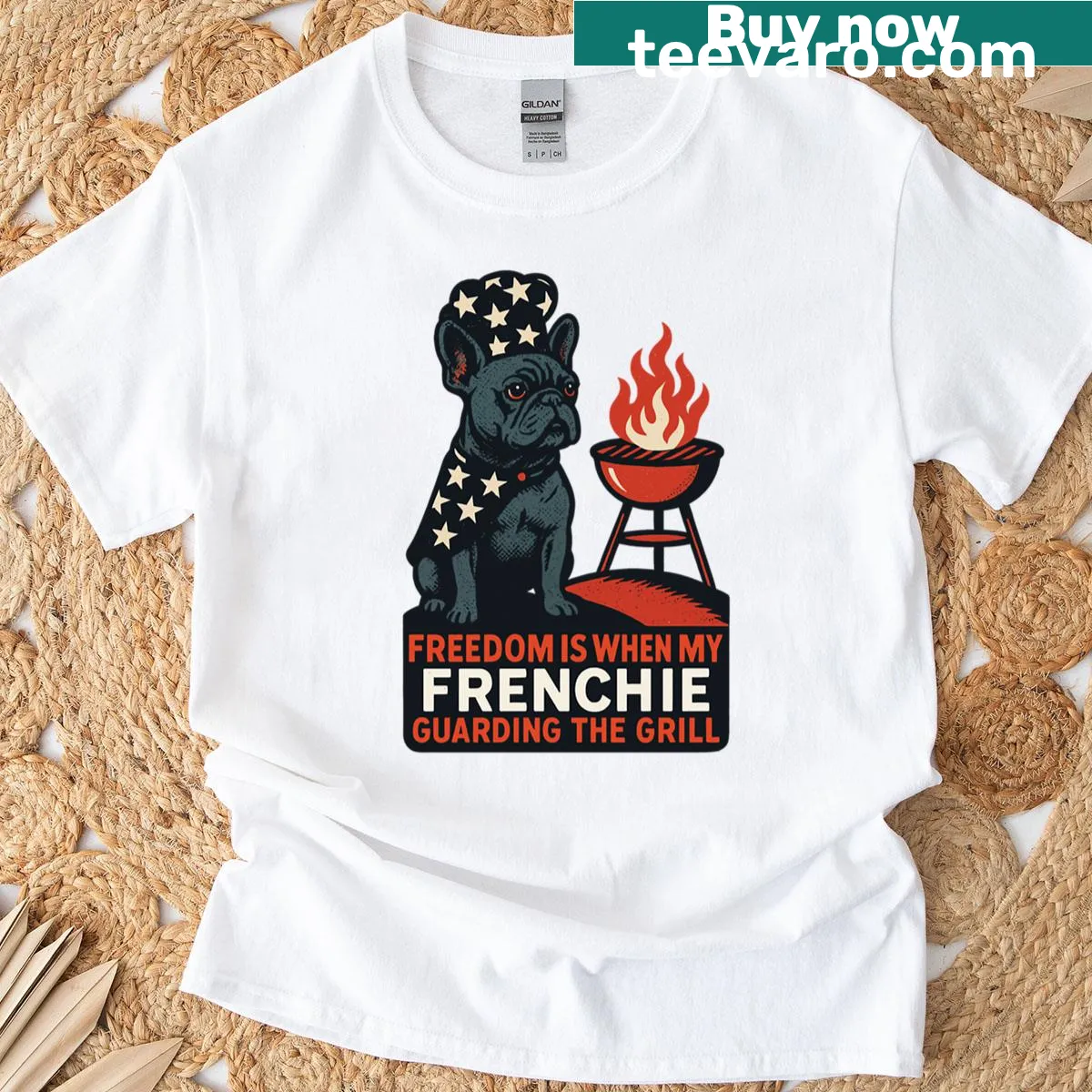 T-shirt with 'Freedom Is When My Frenchie Guarding The Grill' text — on a men's t-shirt