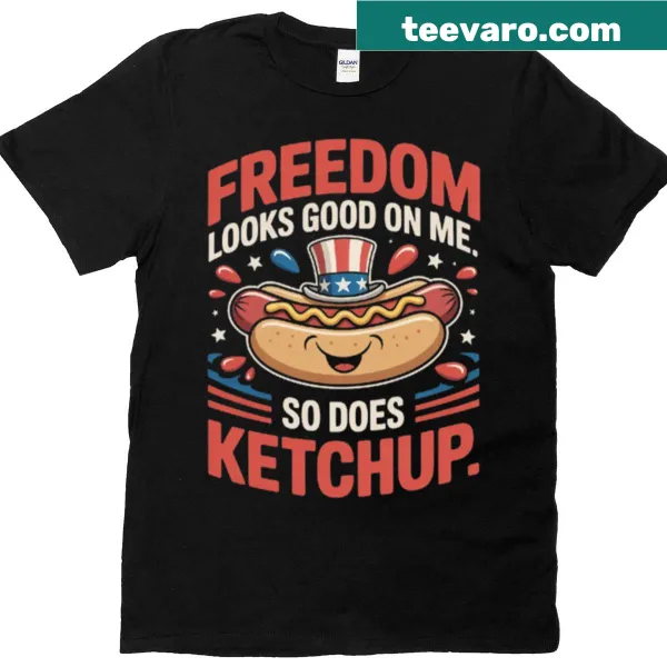 Patriotic T-shirt with humorous ketchup graphic and text