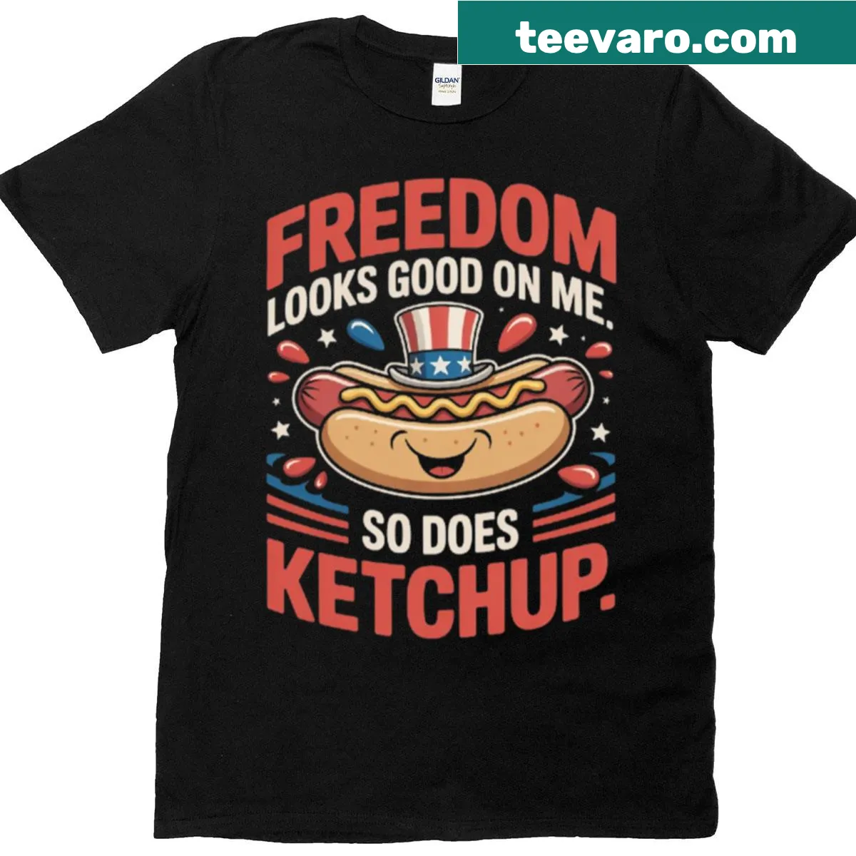 Patriotic T-shirt with humorous ketchup graphic and text — on a men's t-shirt
