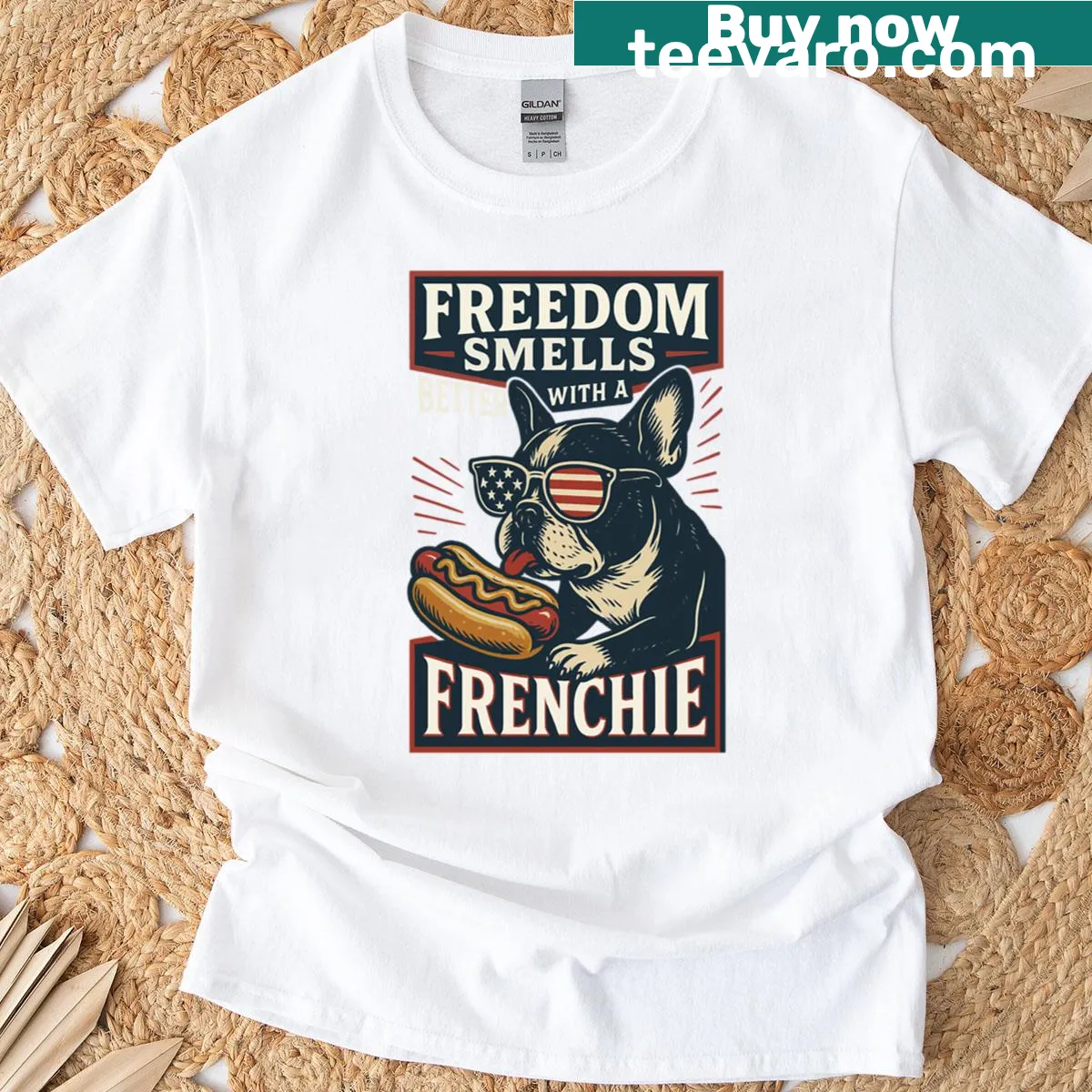 Funny t-shirt with 'Freedom Smells Better With A Frenchie' text — on a men's t-shirt