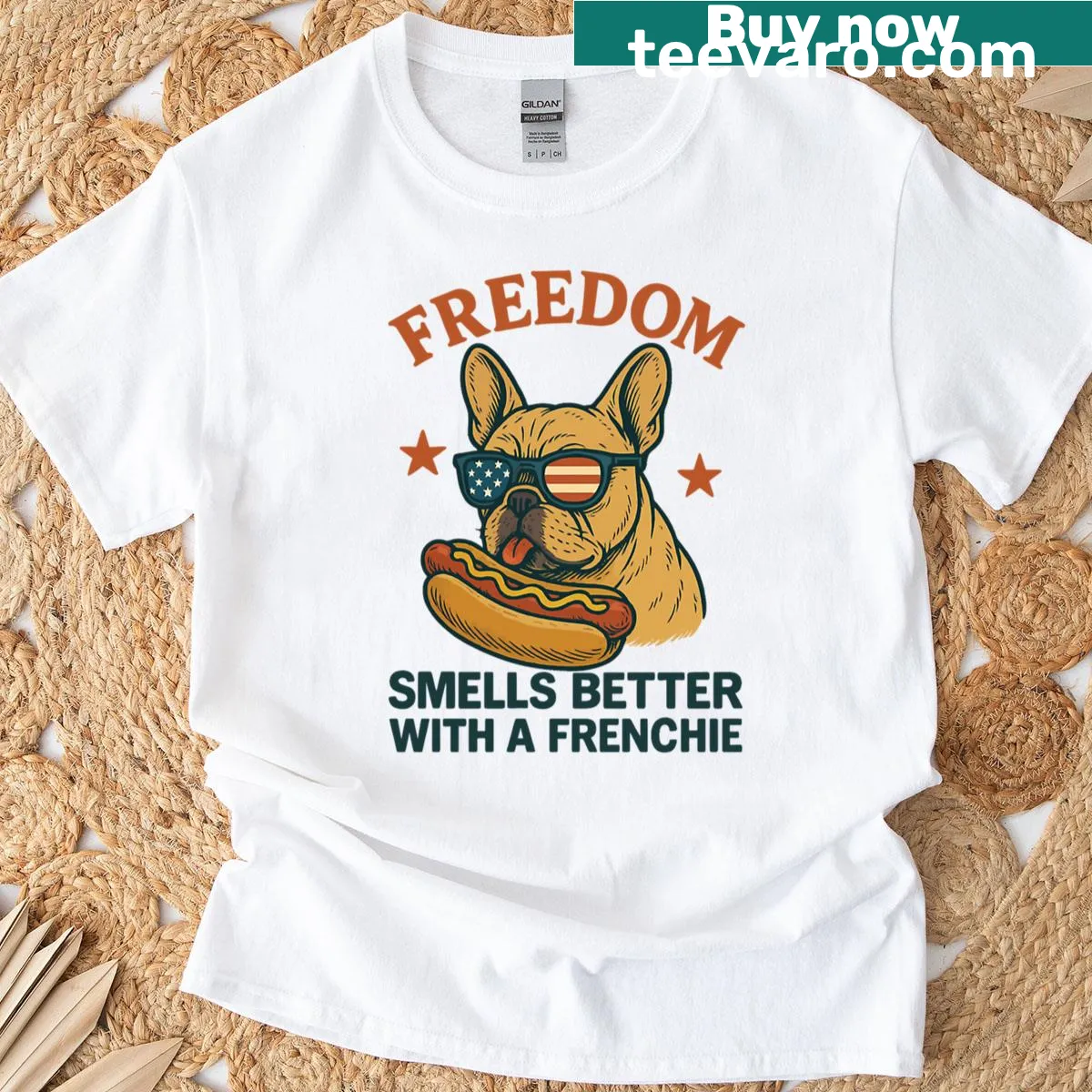Patriotic t-shirt with 'Freedom Smells Better With A Frenchie' text — on a men's t-shirt