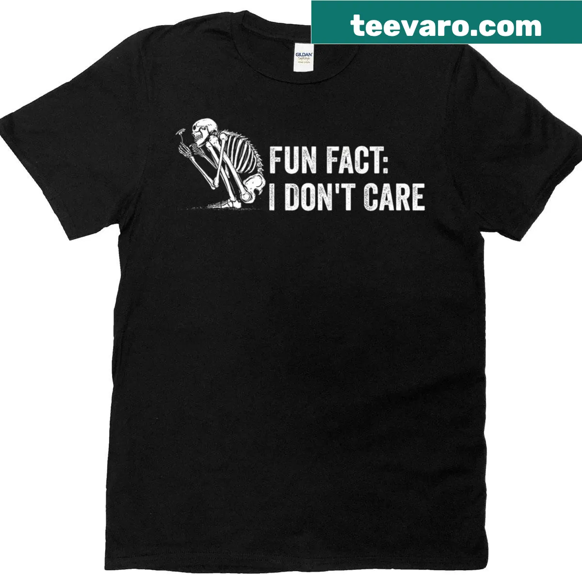 Skeleton graphic t-shirt with the phrase 'Fun Fact I Don’t Care' — on a men's t-shirt