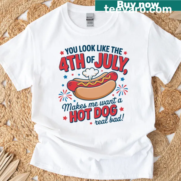 Humorous saying about hot dogs on a 4th of July T-shirt