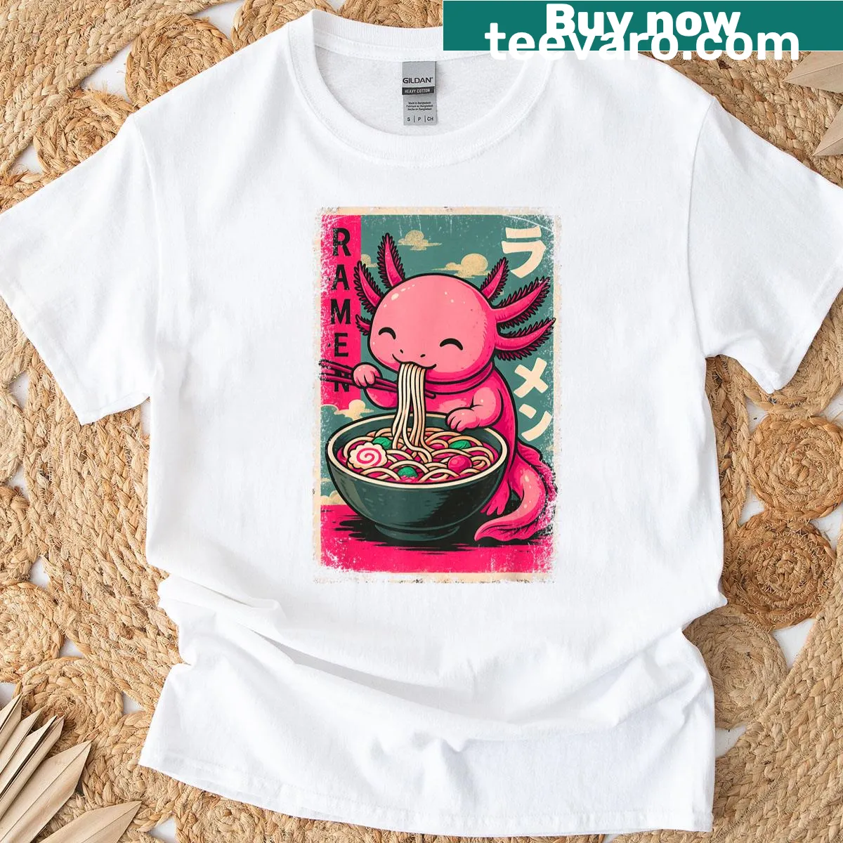 Kawaii axolotl eating ramen on a cute T-shirt — on a men's t-shirt
