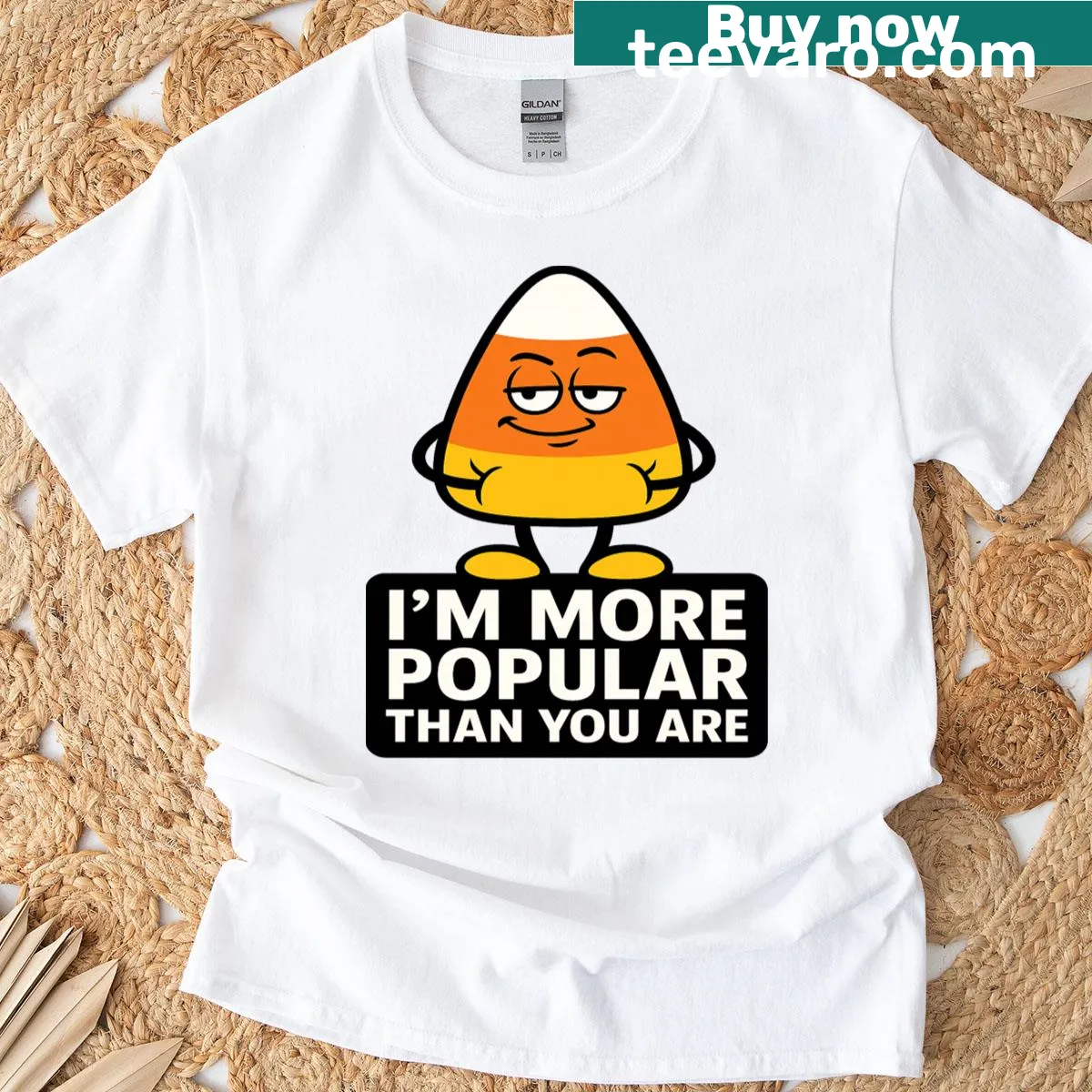 Humorous candy corn graphic on a playful Halloween T-shirt — on a men's t-shirt