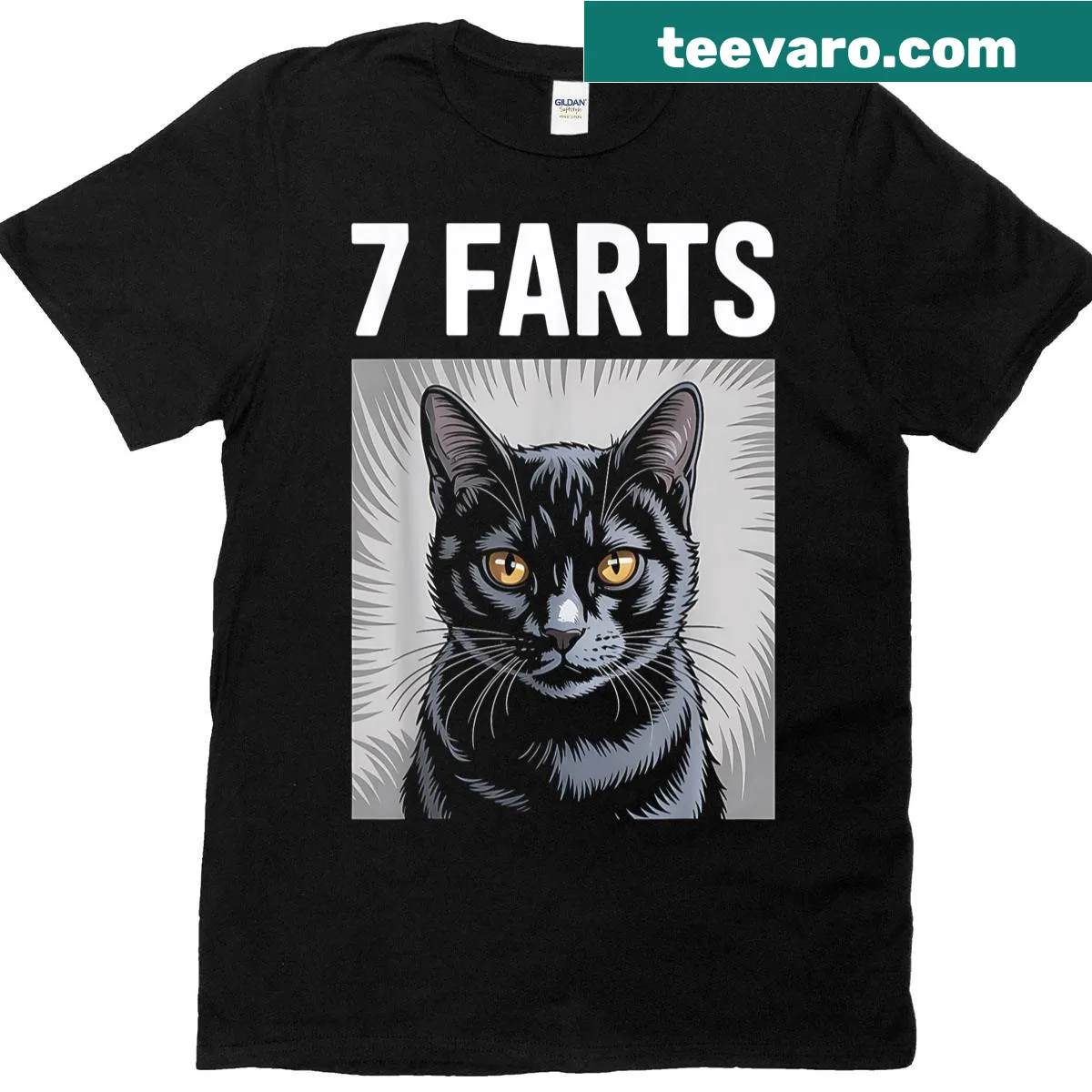 Graphic t-shirt featuring a cat and '7 Farts Joke' text — on a men's t-shirt