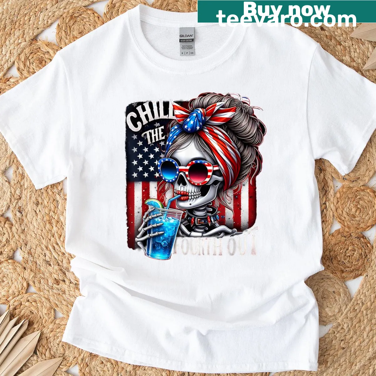 Retro skeleton design celebrating the Fourth of July with festive elements — on a men's t-shirt