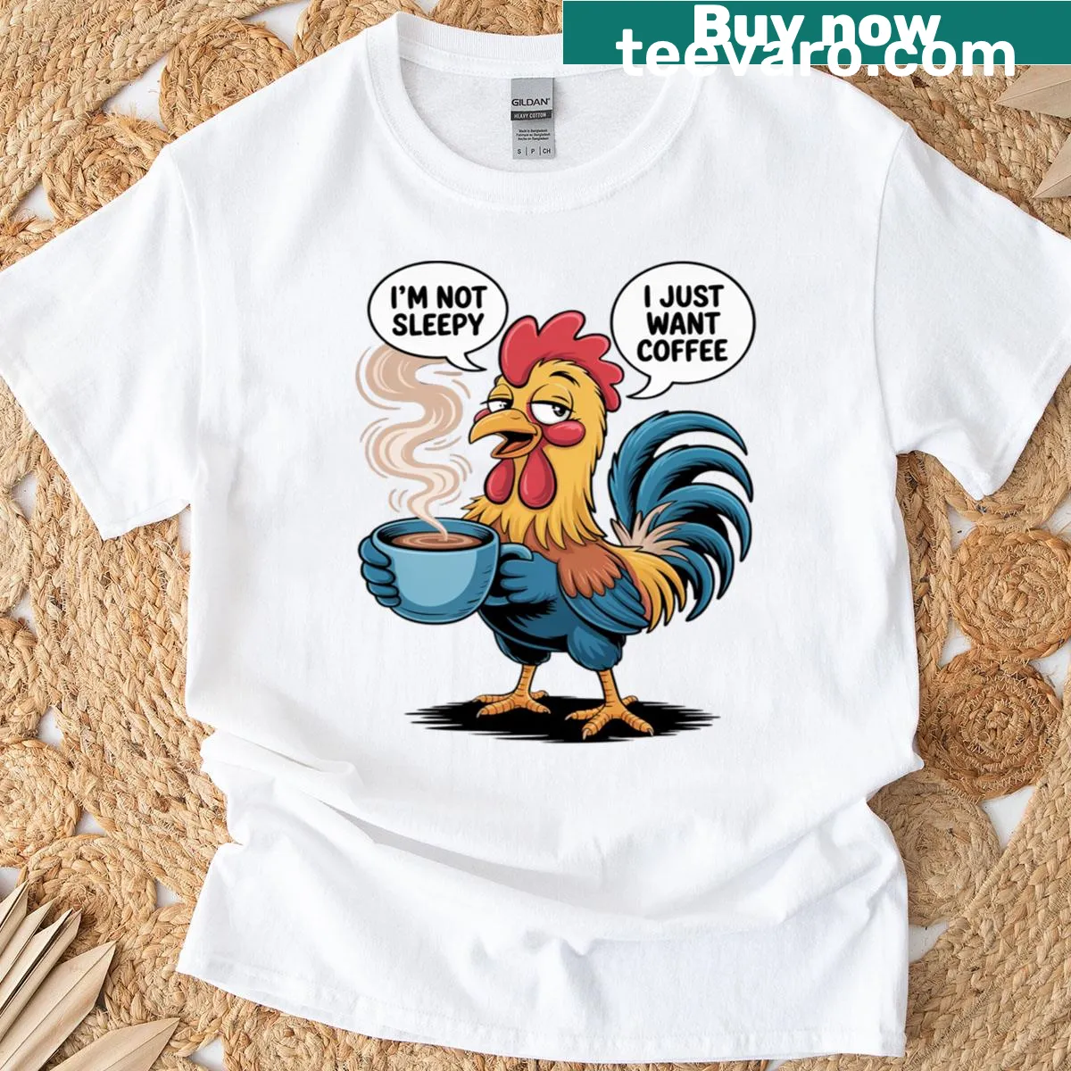 Cute chicken design with a coffee cup and a funny saying — on a men's t-shirt