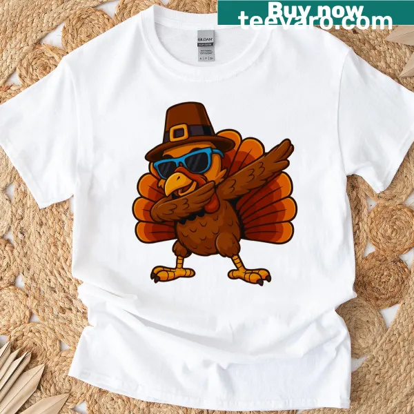 Cartoon turkey dabbing for Thanksgiving with a playful design