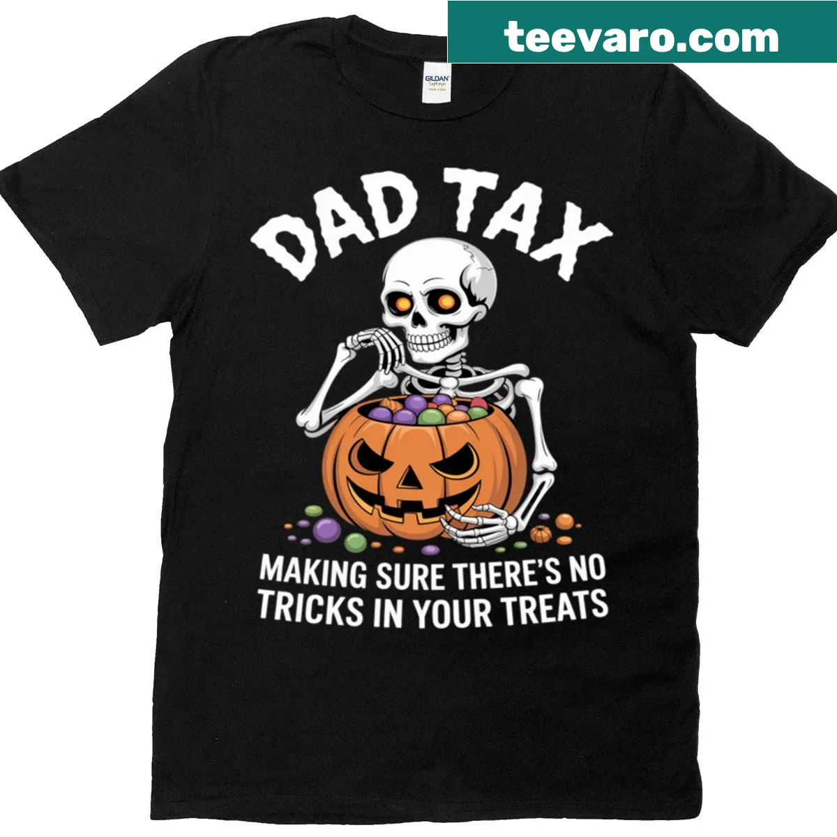 Halloween candy dad tax t-shirt with pumpkin and skeleton design — on a men's t-shirt