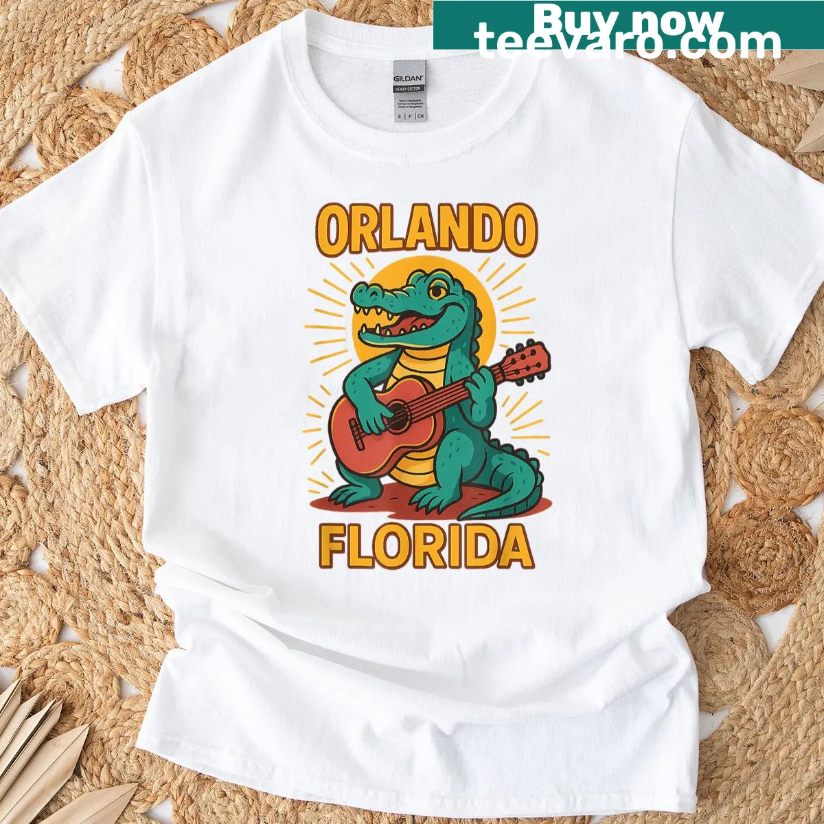 Cute cartoon alligator graphic with a fun vacation slogan — on a men's t-shirt