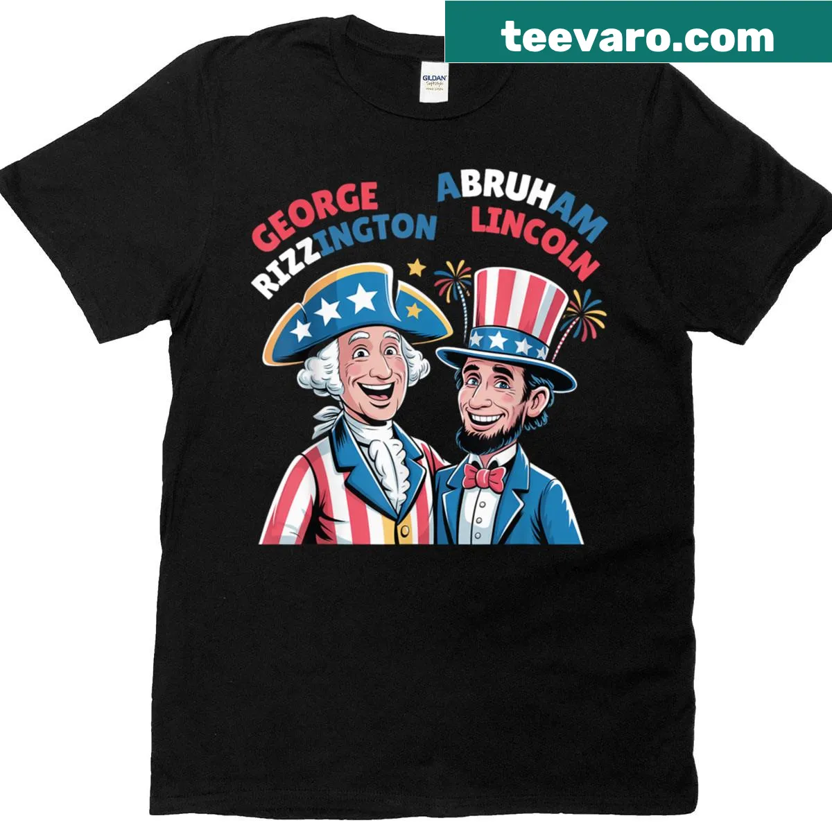 Fourth of July t-shirt with humorous George Rizzington Lincoln design — on a men's t-shirt