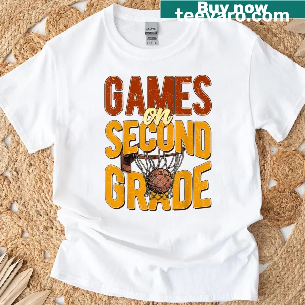 Funny text about second grade basketball on a school T-shirt