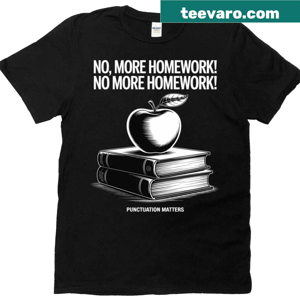 Funny grammar teacher t-shirt with 'No More Homework' slogan — on a men's t-shirt