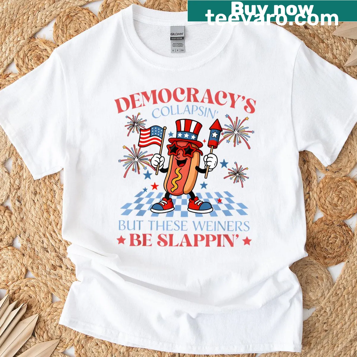 Funny hot dog graphic T-shirt for Fourth of July celebrations — on a men's t-shirt
