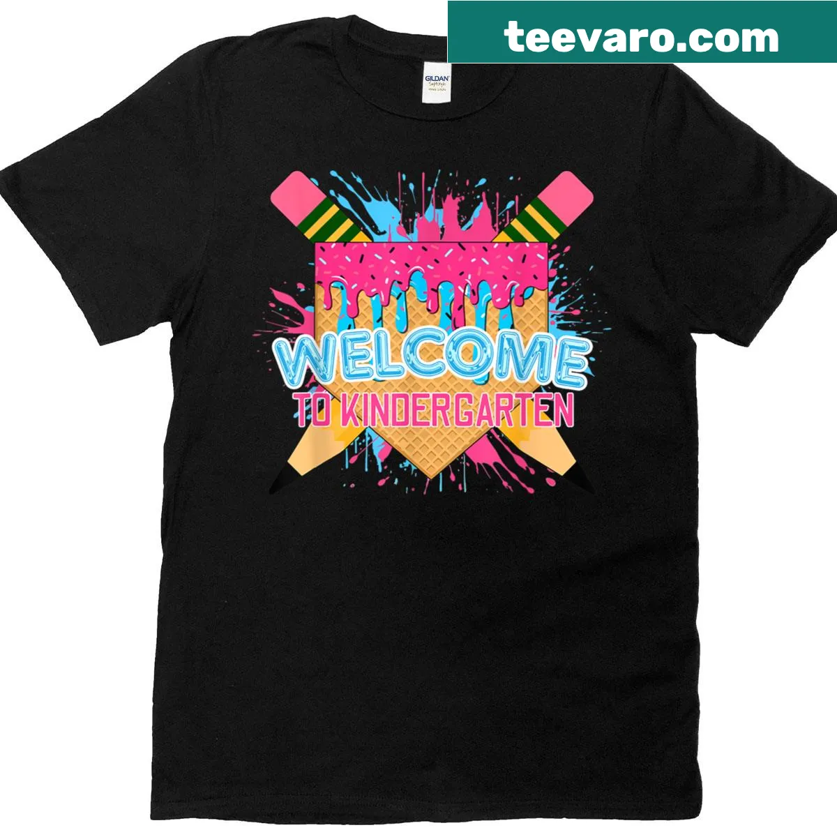 Ice cream-themed t-shirt welcoming kids to kindergarten — on a men's t-shirt