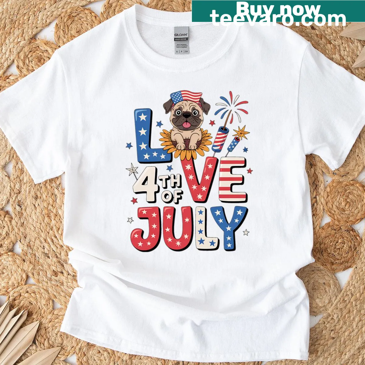 Patriotic pug graphic with USA flag design — on a men's t-shirt