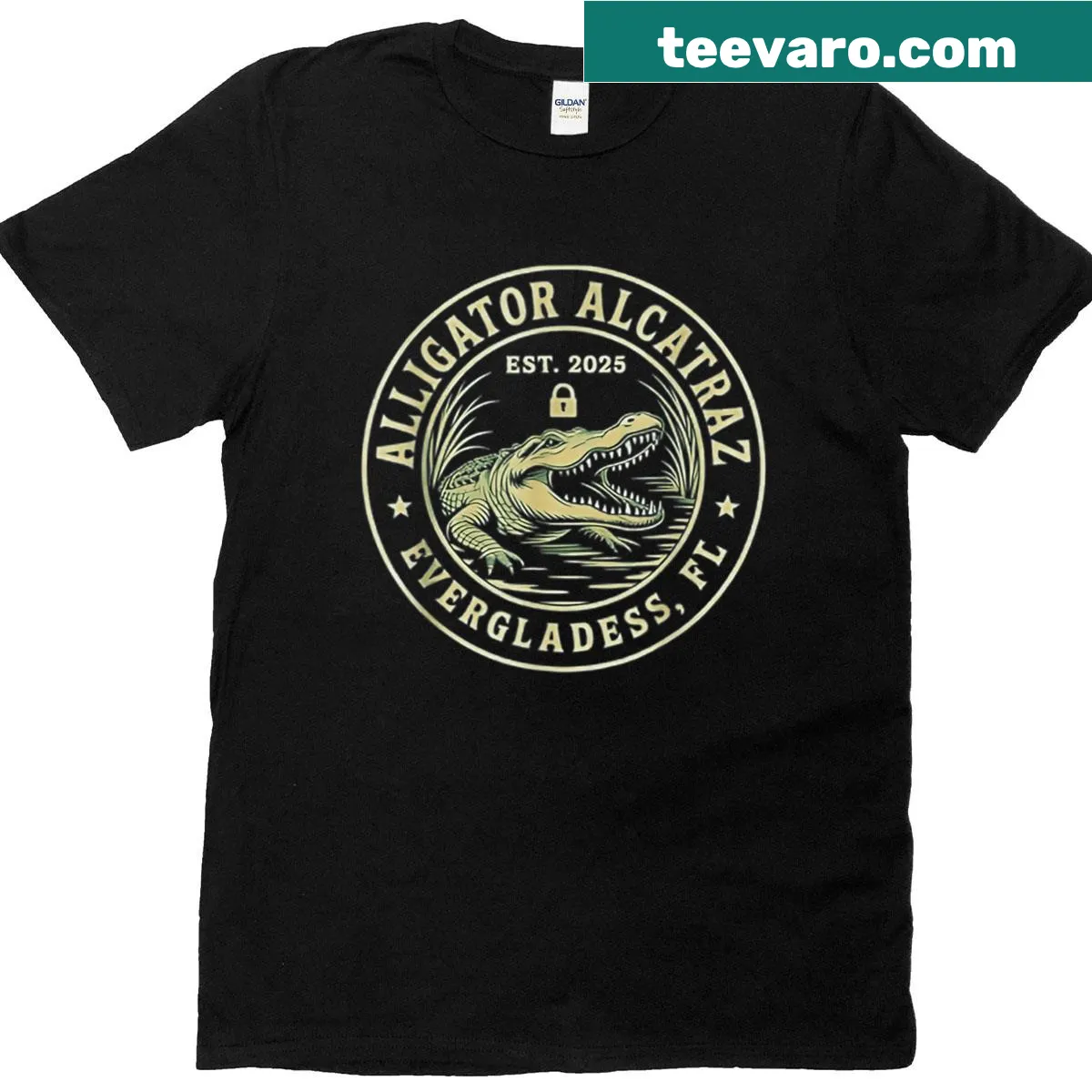 Cartoon alligator inspired by Alcatraz in a humorous style. — on a men's t-shirt