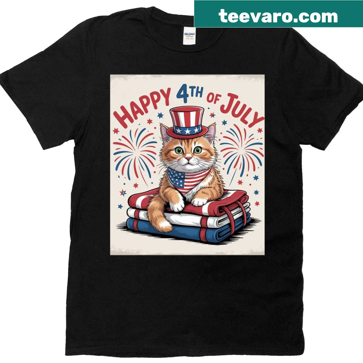 Cute July 4th T-shirt with kitten and fireworks illustration — on a men's t-shirt