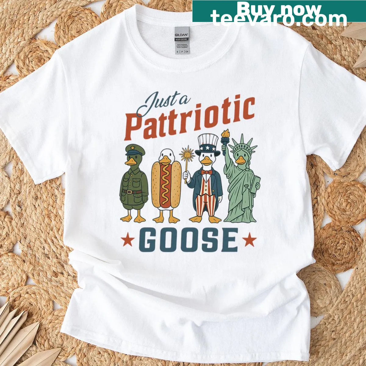 Patriotic T-shirt featuring a funny goose in costume for Independence Day — on a men's t-shirt
