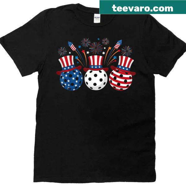Patriotic t-shirt with pickleball, fireworks, and USA flag design