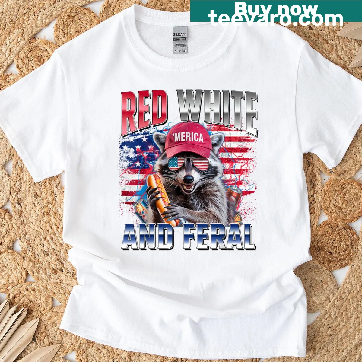 Cartoon raccoon in patriotic attire for 4th of July — on a men's t-shirt
