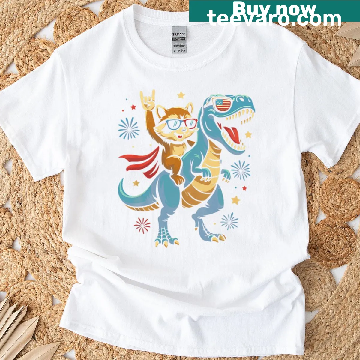 T-shirt featuring a raccoon riding a T-Rex with US flag for July 4th — on a men's t-shirt