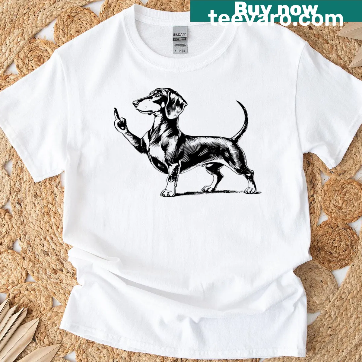Cartoon dachshund with middle finger for humorous dog lovers — on a men's t-shirt