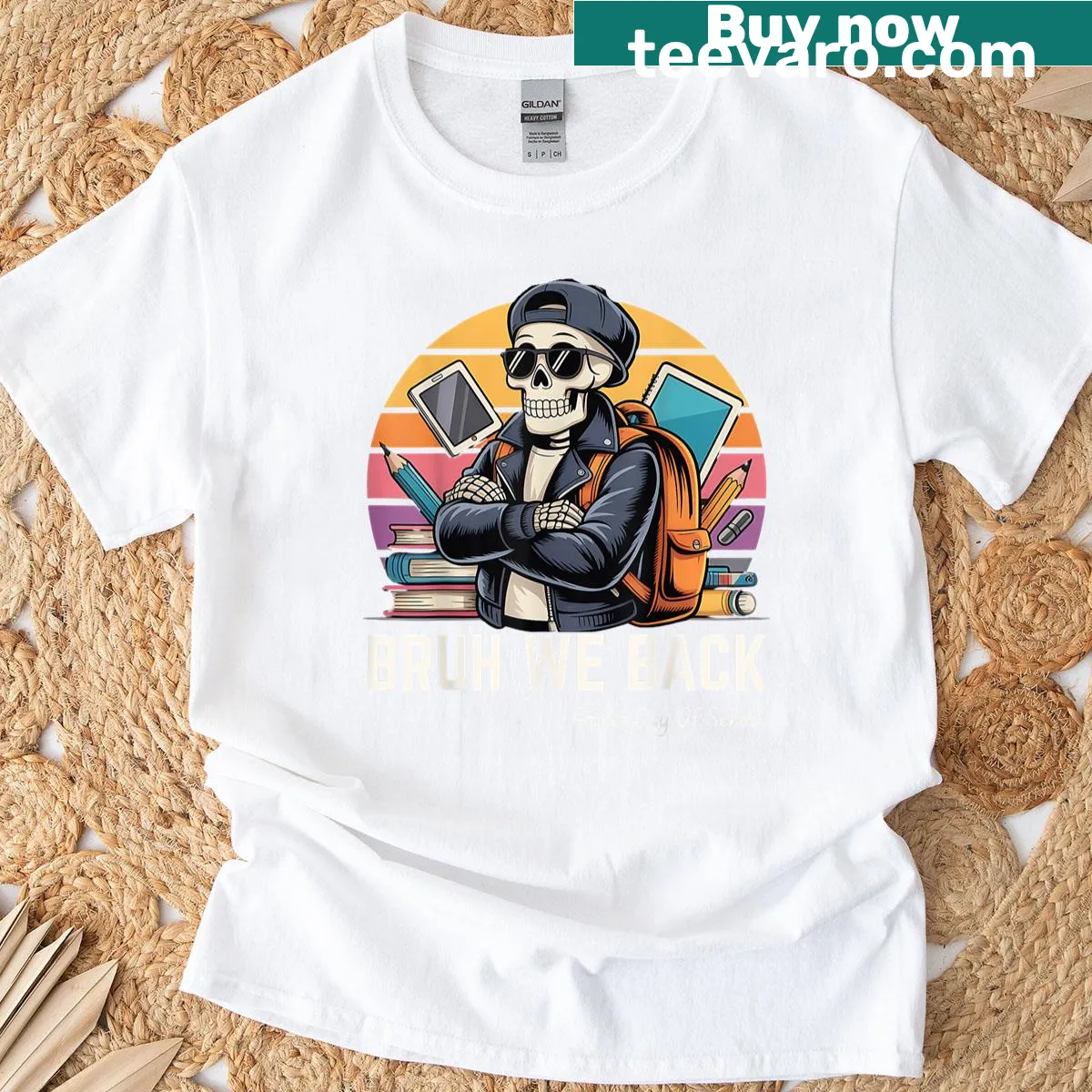 Funny skeleton graphic tee with back-to-school theme — on a men's t-shirt