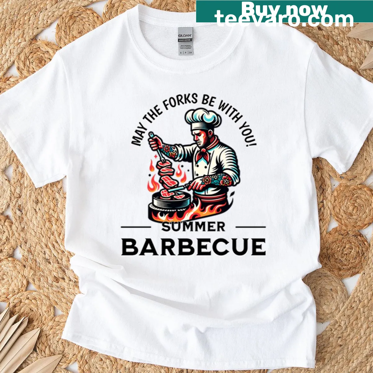 Playful typography celebrating summer barbecues — on a men's t-shirt