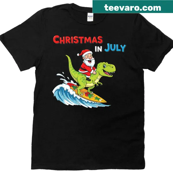 Cartoon of Santa surfing on a T-rex for Christmas in July