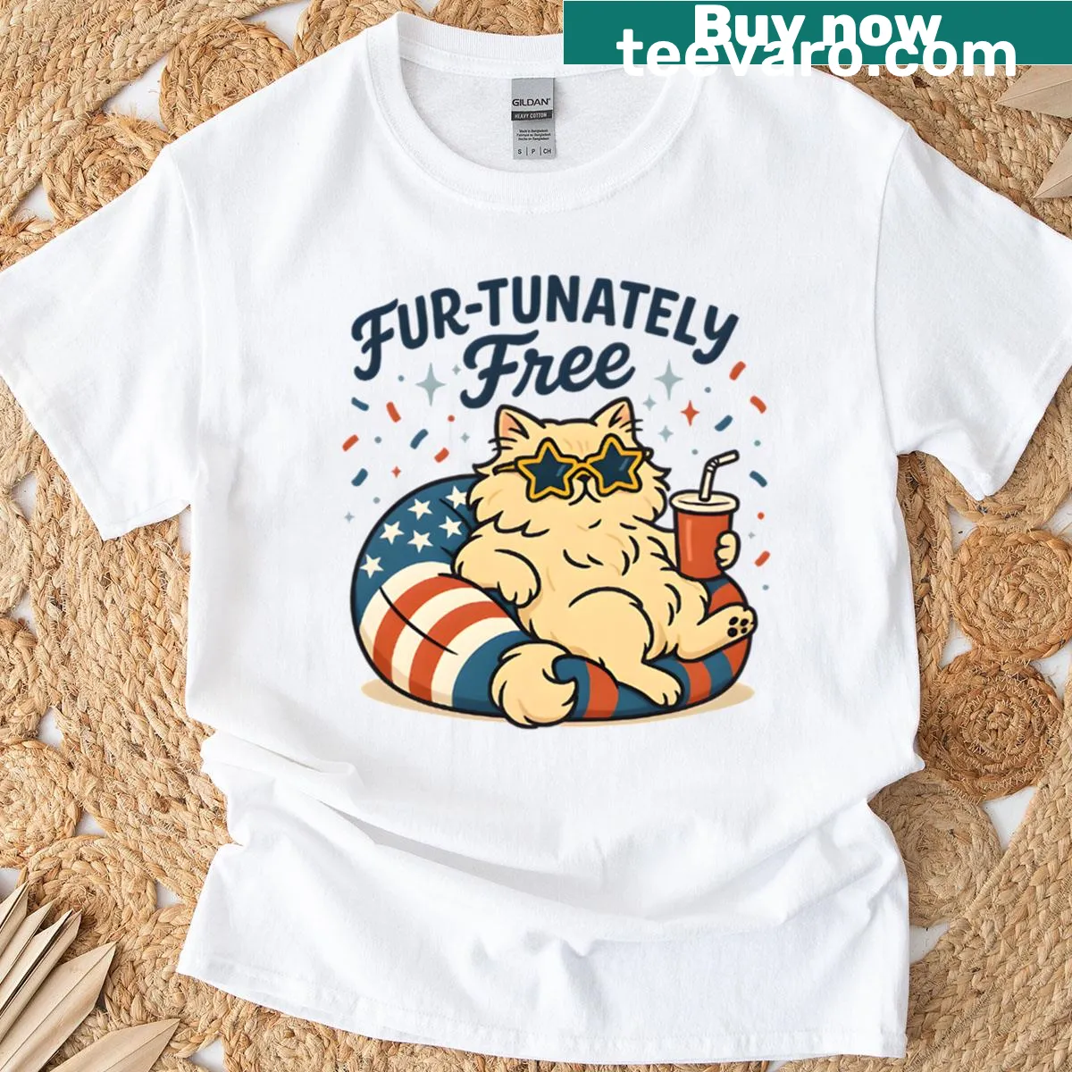 Funny relaxing cat graphic for July 4th celebrations — on a men's t-shirt