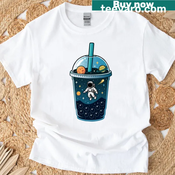 Illustrative T-shirt featuring a whimsical boba tea in space theme