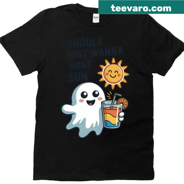 Sunny ghost design with cocktail and text 'Ghouls Just Wanna Have Sun'
