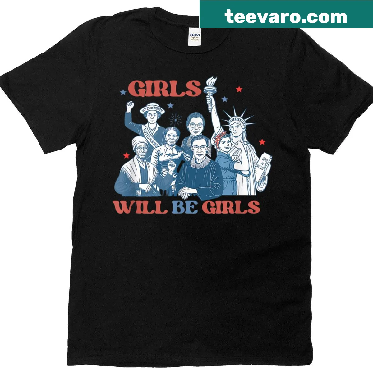 Patriotic design with 'Girl Will Be Girls' text — on a men's t-shirt