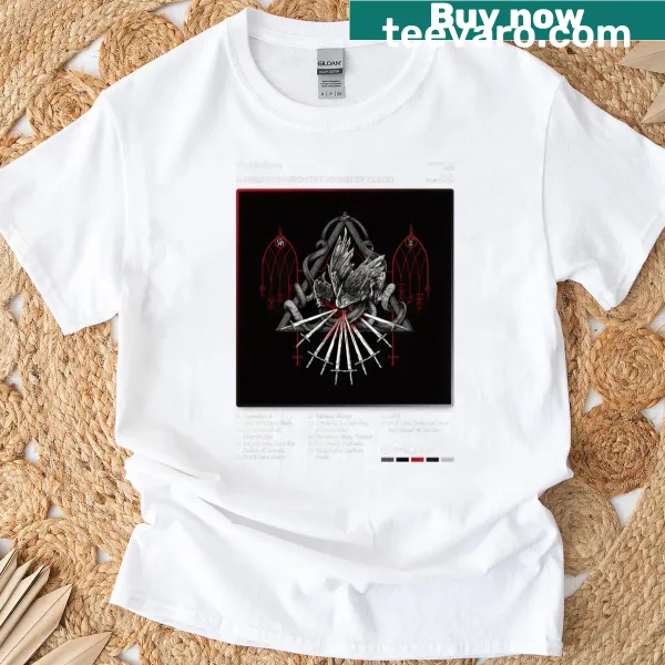 Dark fantasy shirt with angels hanging from arches of heaven illustration