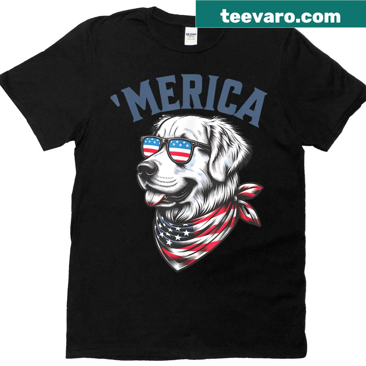Patriotic golden retriever in sunglasses T-shirt for Fourth of July — on a men's t-shirt