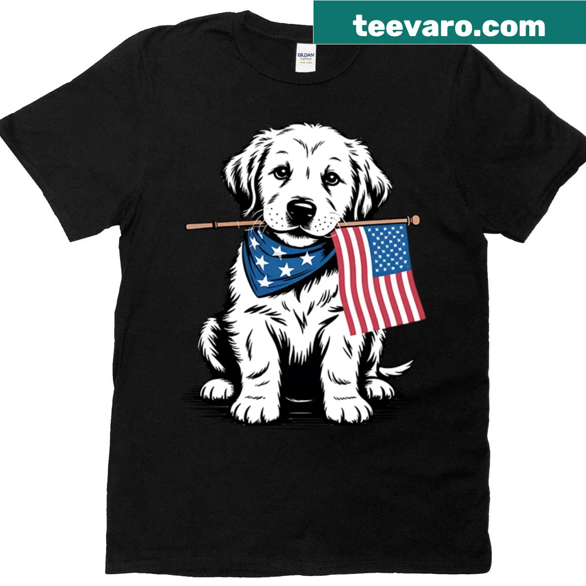 Golden retriever with American flag T-shirt for Fourth of July — on a men's t-shirt