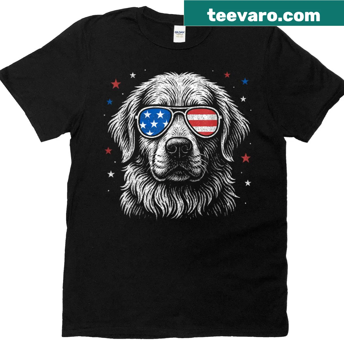 Golden retriever with American flag for 4th of July celebration — on a men's t-shirt