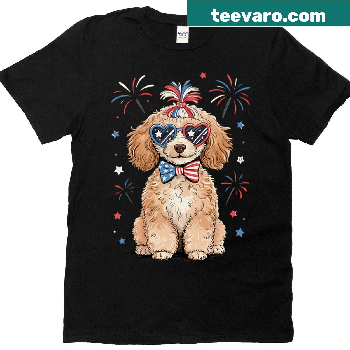 Patriotic Goldendoodle illustration for Fourth of July on T-shirt — on a men's t-shirt