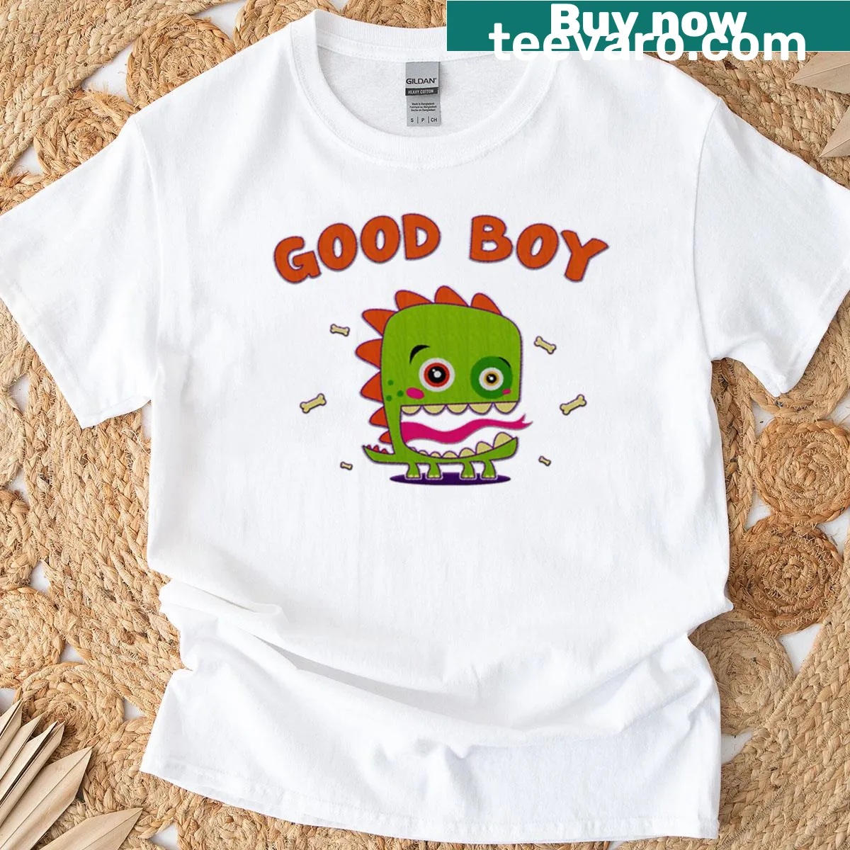 Cute cartoon monster puppy badge graphic on T-shirt — on a men's t-shirt