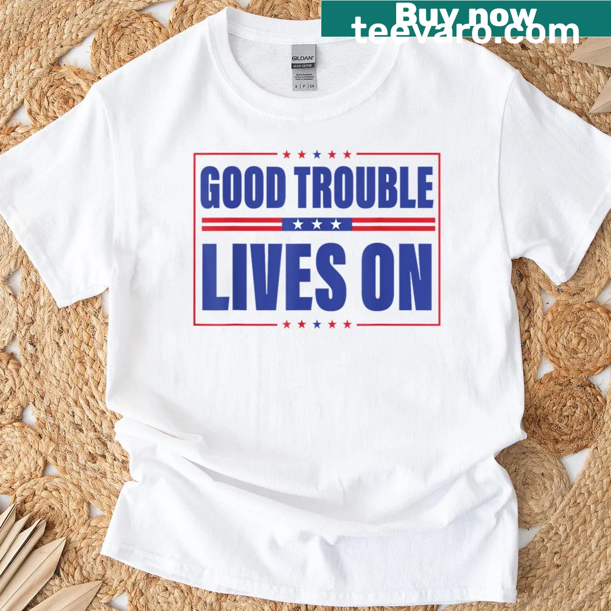 Vintage-style t-shirt with 'Good Necessary Trouble Lives On' text — on a men's t-shirt