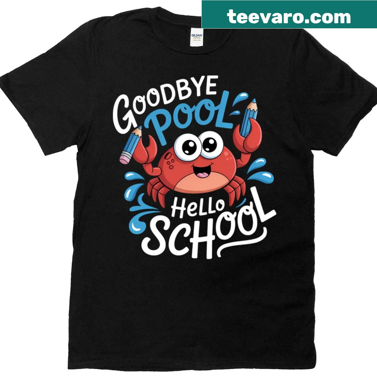 Whimsical t-shirt with goodbye pool hello school graphic — on a men's t-shirt